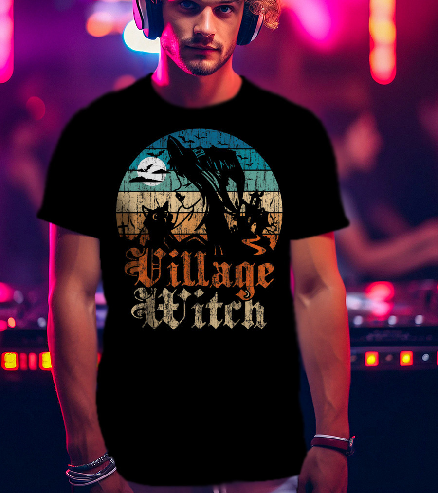 Village Witch Cat Silhouette Moon Sunset T-Shirt