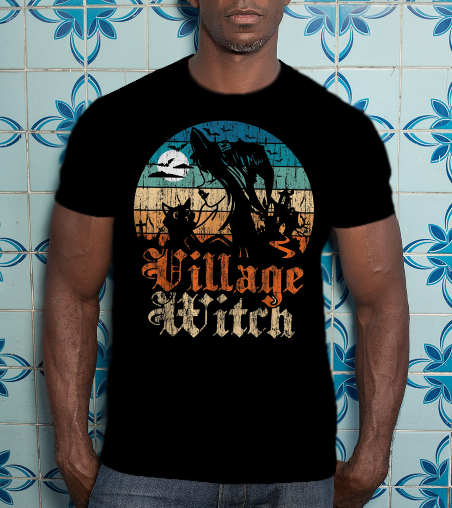 Village Witch Cat Silhouette Moon Sunset T-Shirt