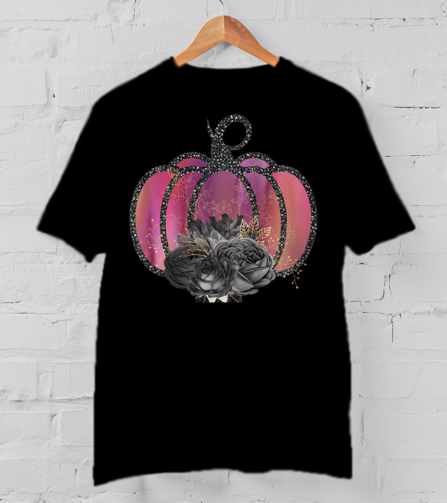 Women Halloween Pumpkin Unique Fall Raglan Baseball With Black Floral Accents T-Shirt