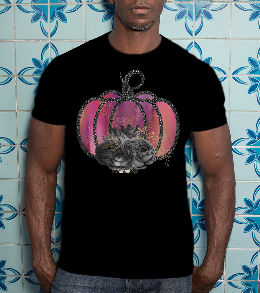 Women Halloween Pumpkin Unique Fall Raglan Baseball With Black Floral Accents T-Shirt