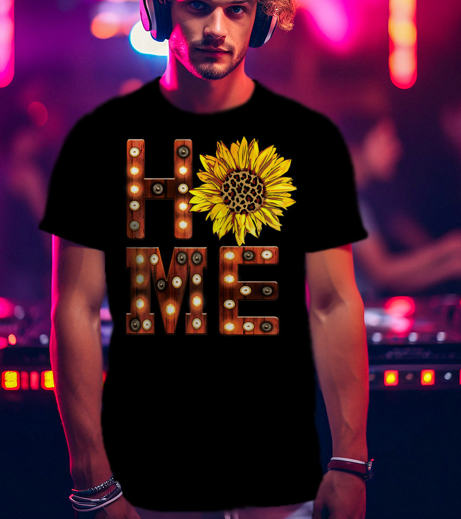 Sunflower Marquee Letters Home Word With Leopard Center Halloween Fall Pumpkins Colorful T-Shirt