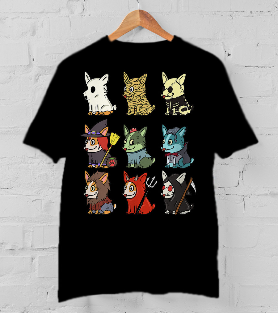 Corgi In Scary Ghost, Mummy, Skeleton, Witch, Zombie, Vampire, Werewolf, Devil, And Grim Reaper Costumes Funny Dog T-Shirt