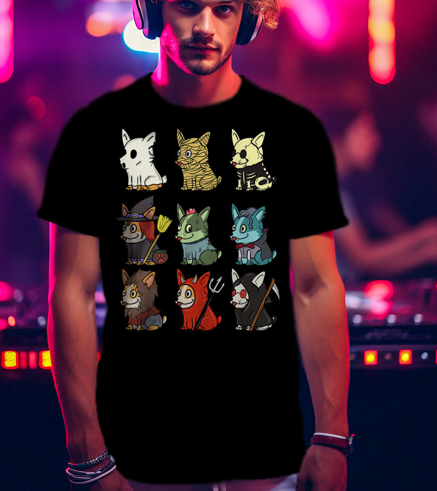 Corgi In Scary Ghost, Mummy, Skeleton, Witch, Zombie, Vampire, Werewolf, Devil, And Grim Reaper Costumes Funny Dog T-Shirt
