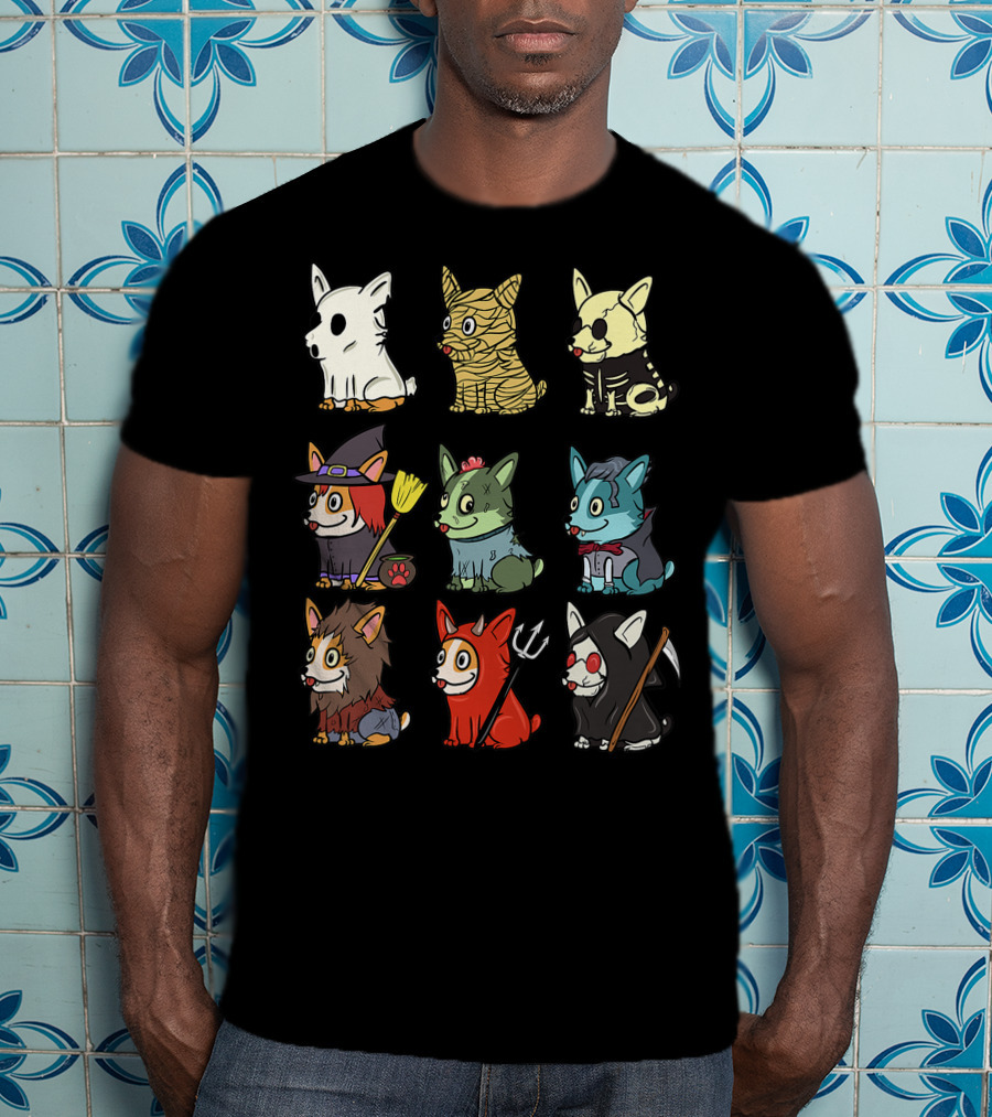 Corgi In Scary Ghost, Mummy, Skeleton, Witch, Zombie, Vampire, Werewolf, Devil, And Grim Reaper Costumes Funny Dog T-Shirt