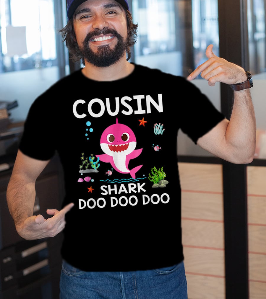 Cousin Shark Doo Doo Doo Funny Cousin Best Birthday With Underwater Sea Creatures And Pink Shark T-Shirt