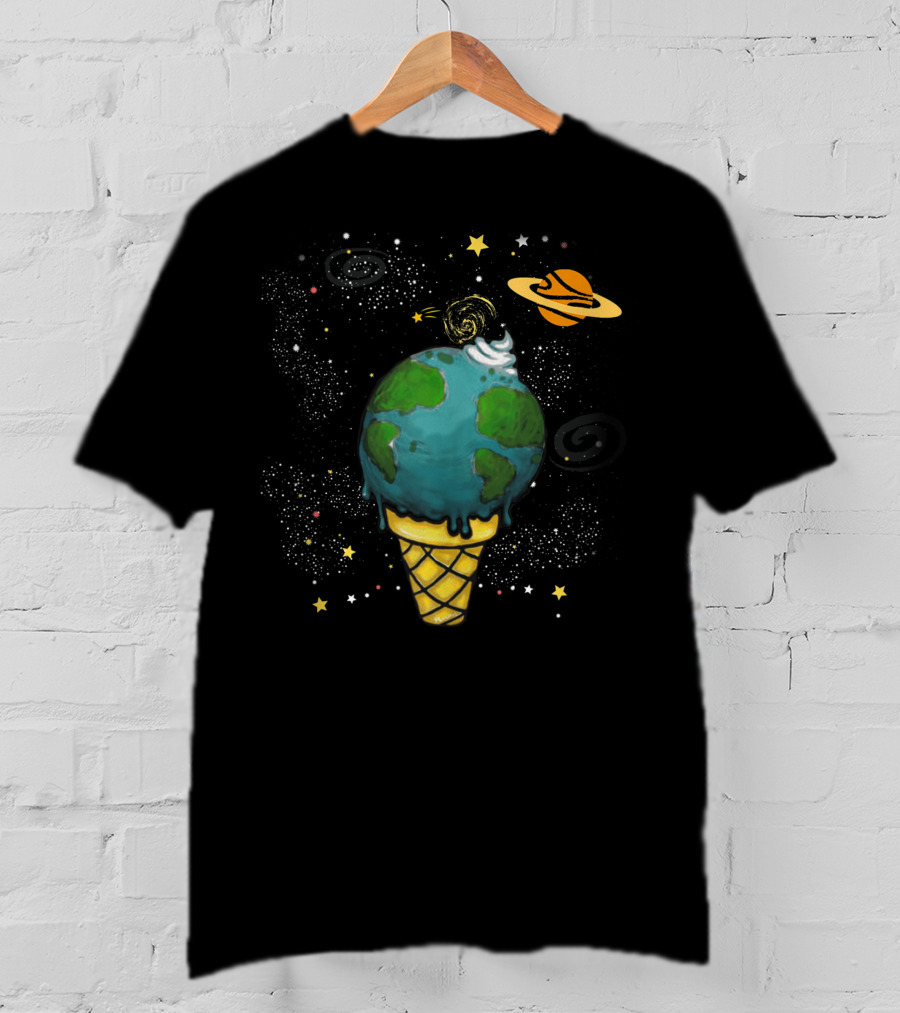 Funny Space Galaxy Earth Saturn Planets In Ice Cream Cone T-Shirt