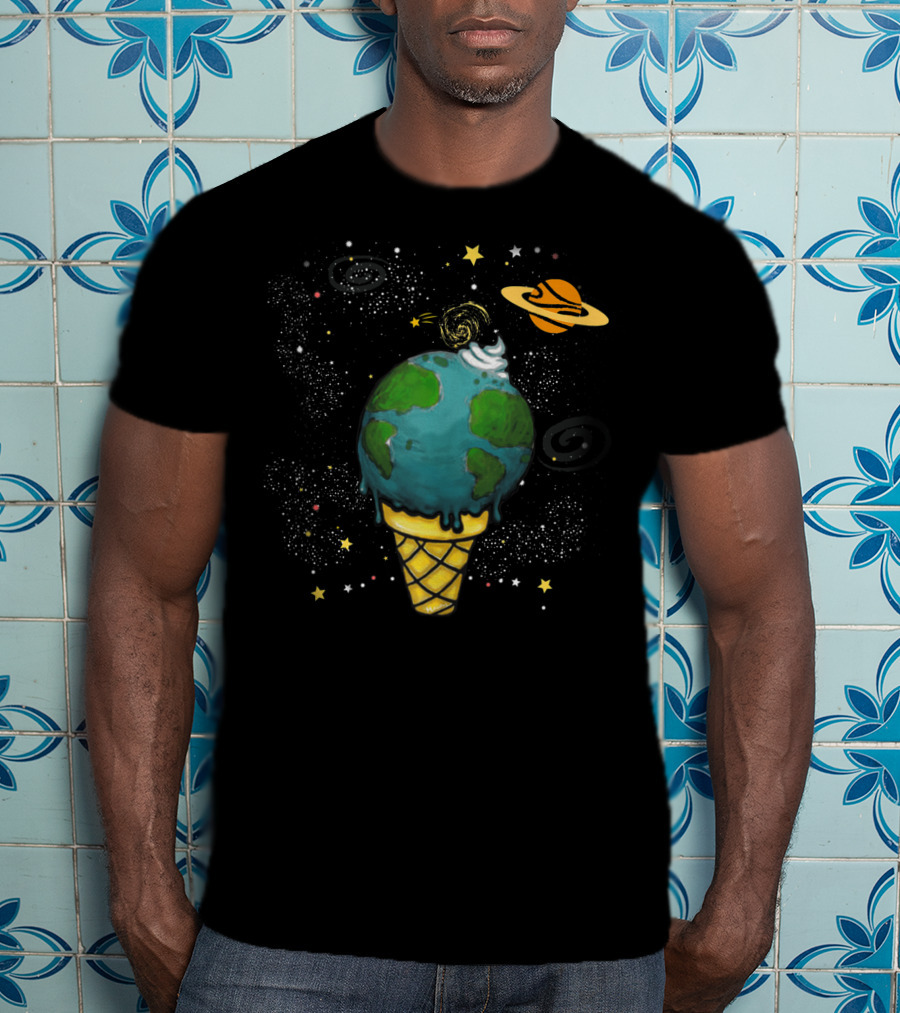 Funny Space Galaxy Earth Saturn Planets In Ice Cream Cone T-Shirt