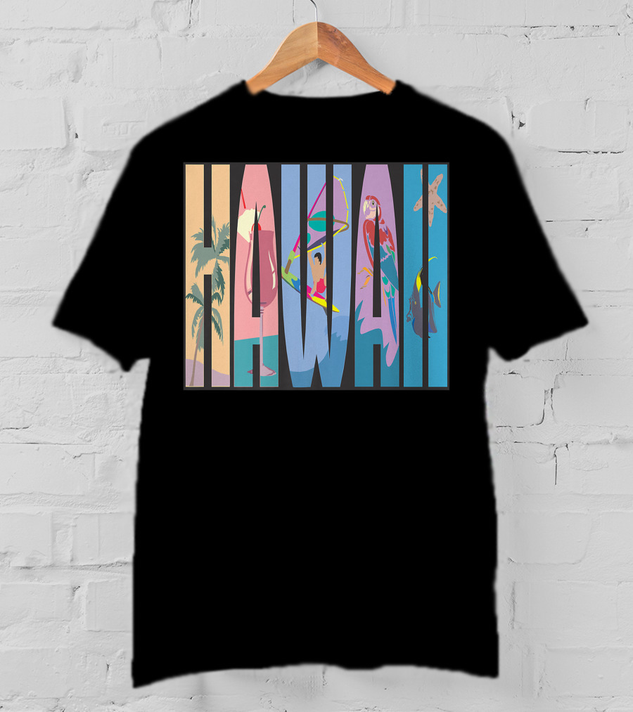Hawaii Aloha Pearl Island Surf Sand State Floral Fish Tropical Parrot And Starfish T-Shirt