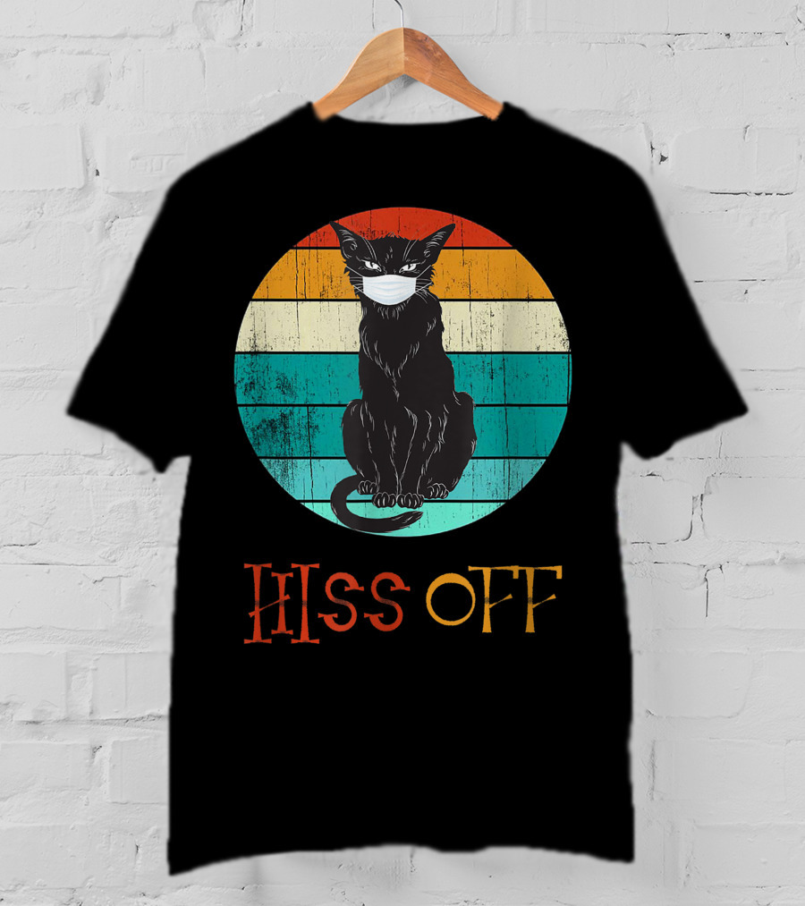Hiss Off Black Kitty With Mask And Retro Stripes T-Shirt