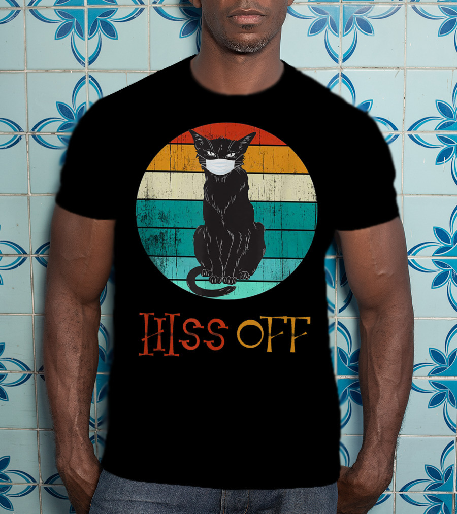 Hiss Off Black Kitty With Mask And Retro Stripes T-Shirt