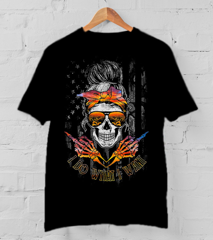I Do What I Want Skull With Bandana And Sunglasses Against American Flag With Sunset Beach Reflections T-Shirt