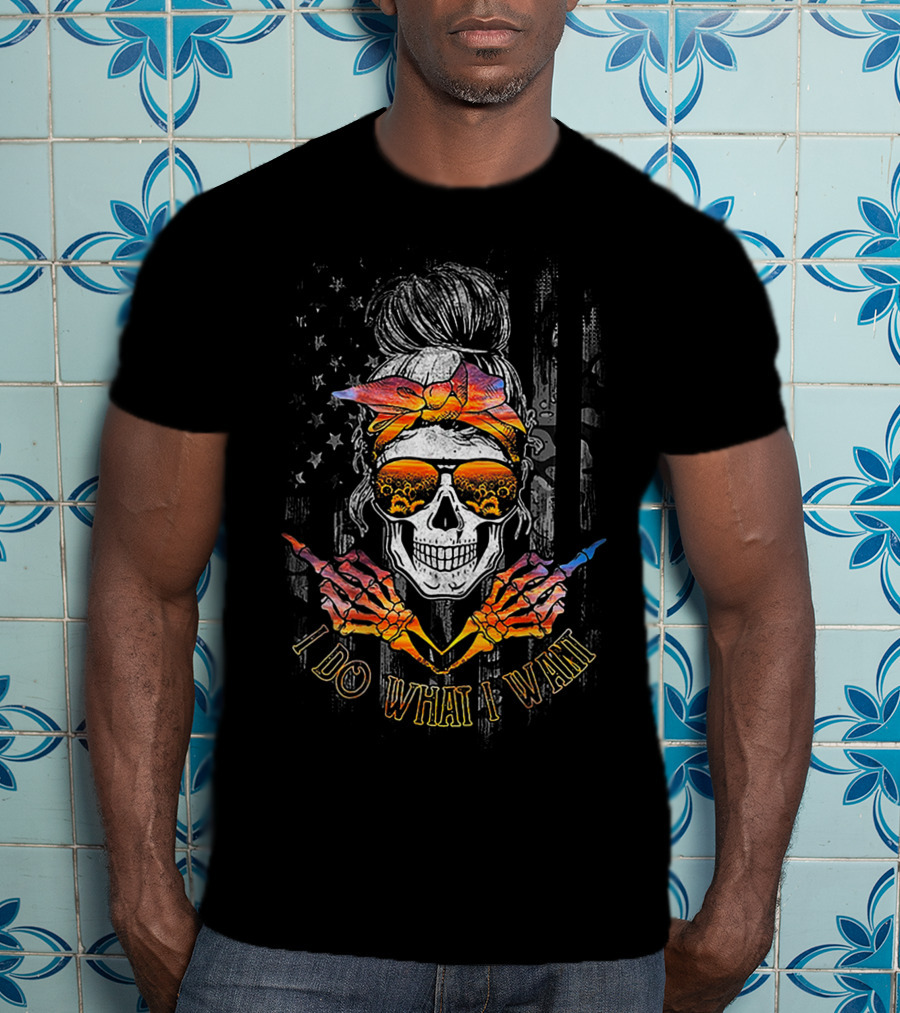 I Do What I Want Skull With Bandana And Sunglasses Against American Flag With Sunset Beach Reflections T-Shirt