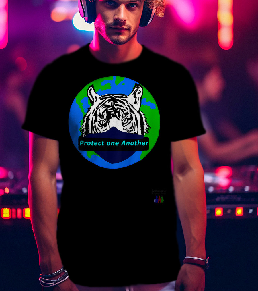 Lucmarty Protect One Another Tiger Wearing Face Mask Over Earth T-Shirt