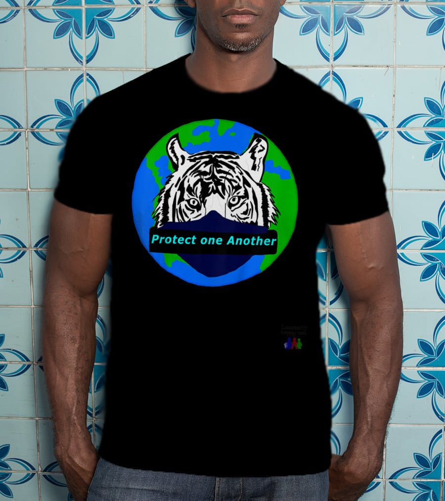 Lucmarty Protect One Another Tiger Wearing Face Mask Over Earth T-Shirt