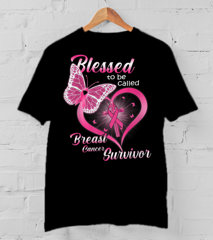 Blessed To Be Called Breast Cancer Survivor Pink Butterfly And Ribbon Heart T-Shirt
