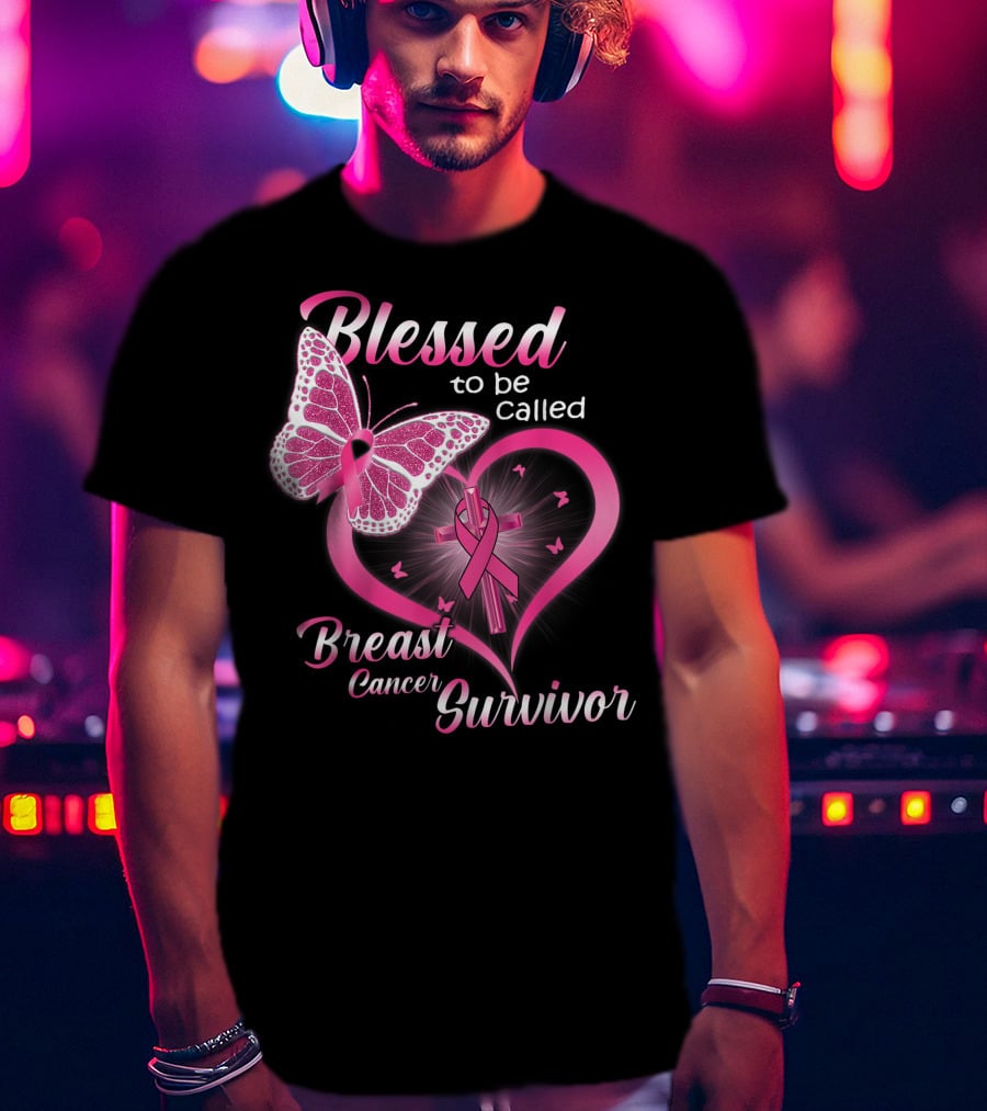 Blessed To Be Called Breast Cancer Survivor Pink Butterfly And Ribbon Heart T-Shirt
