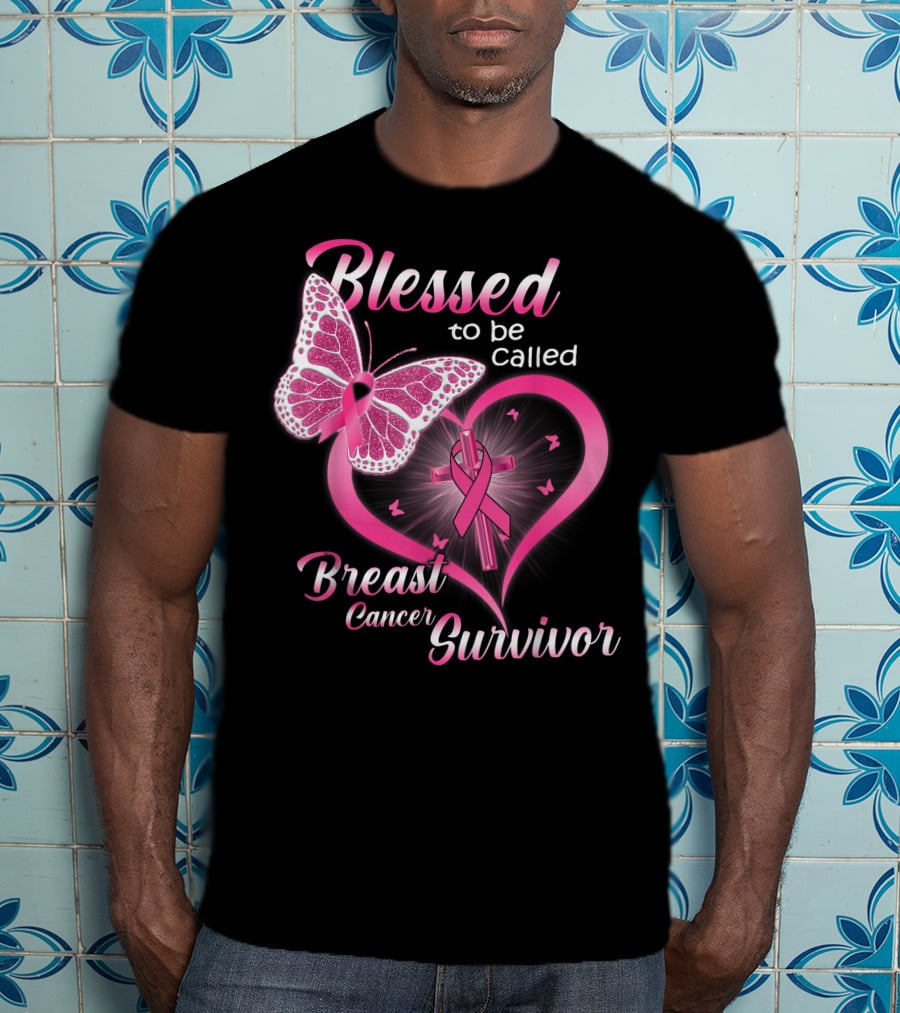 Blessed To Be Called Breast Cancer Survivor Pink Butterfly And Ribbon Heart T-Shirt