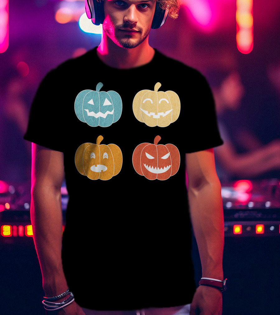 Vintage Halloween Colorful Pumpkin Faces T-Shirt