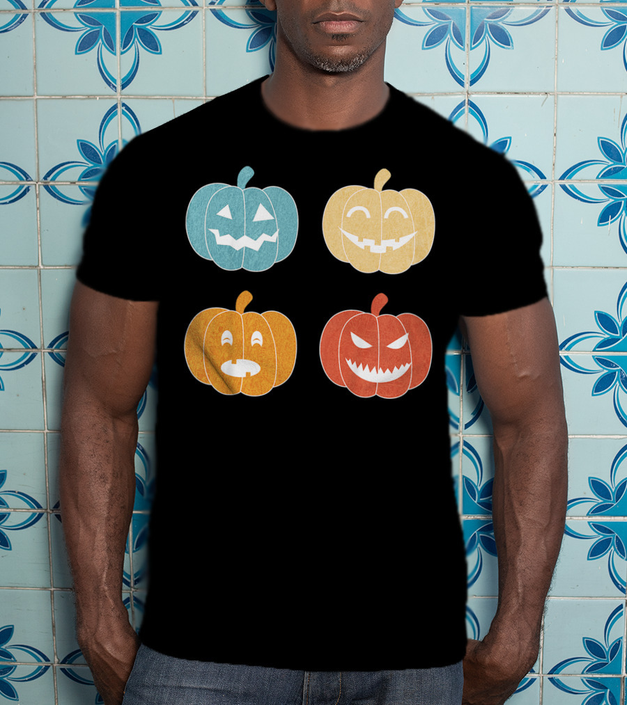 Vintage Halloween Colorful Pumpkin Faces T-Shirt