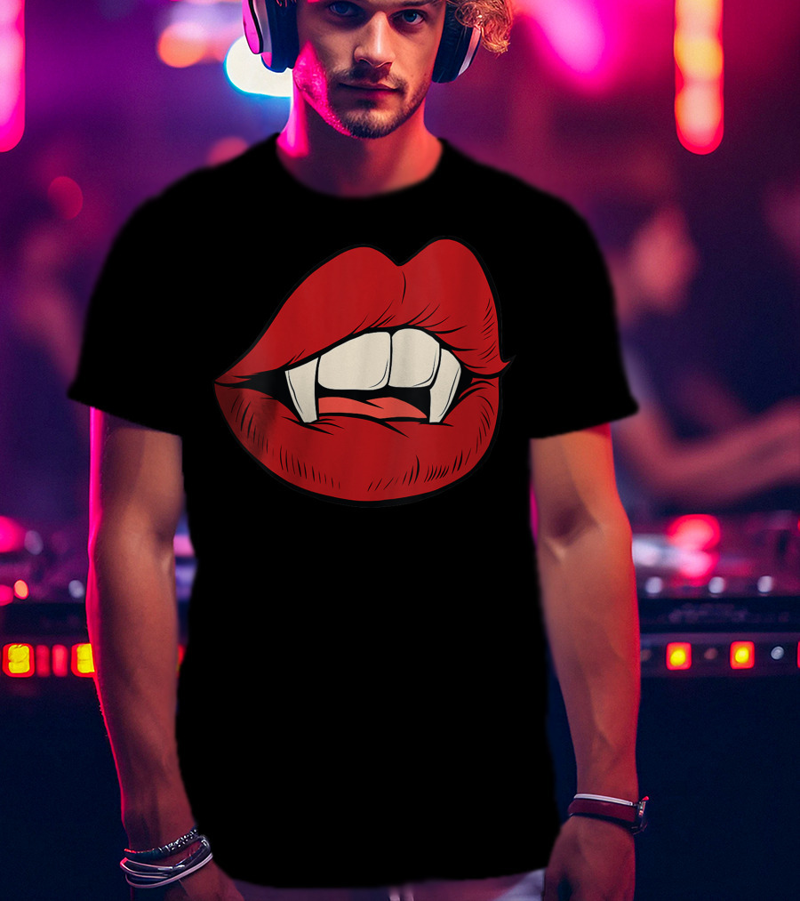 Women Vampire Kiss Halloween Rock Punk Goth Lips Fangs T-Shirt