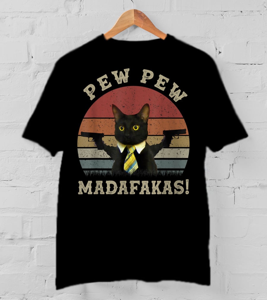 Pew Pew Madafakas Cat With Guns And Tie T-Shirt