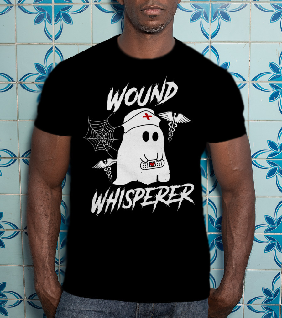 Wound Whisperer Nurse Ghost With Caduceus And Spider Web T-Shirt