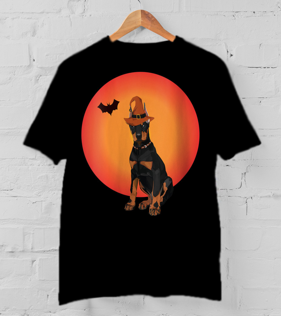 Women Doberman Dog Halloween Witch Hat Puppy And Animal Lovers T-Shirt
