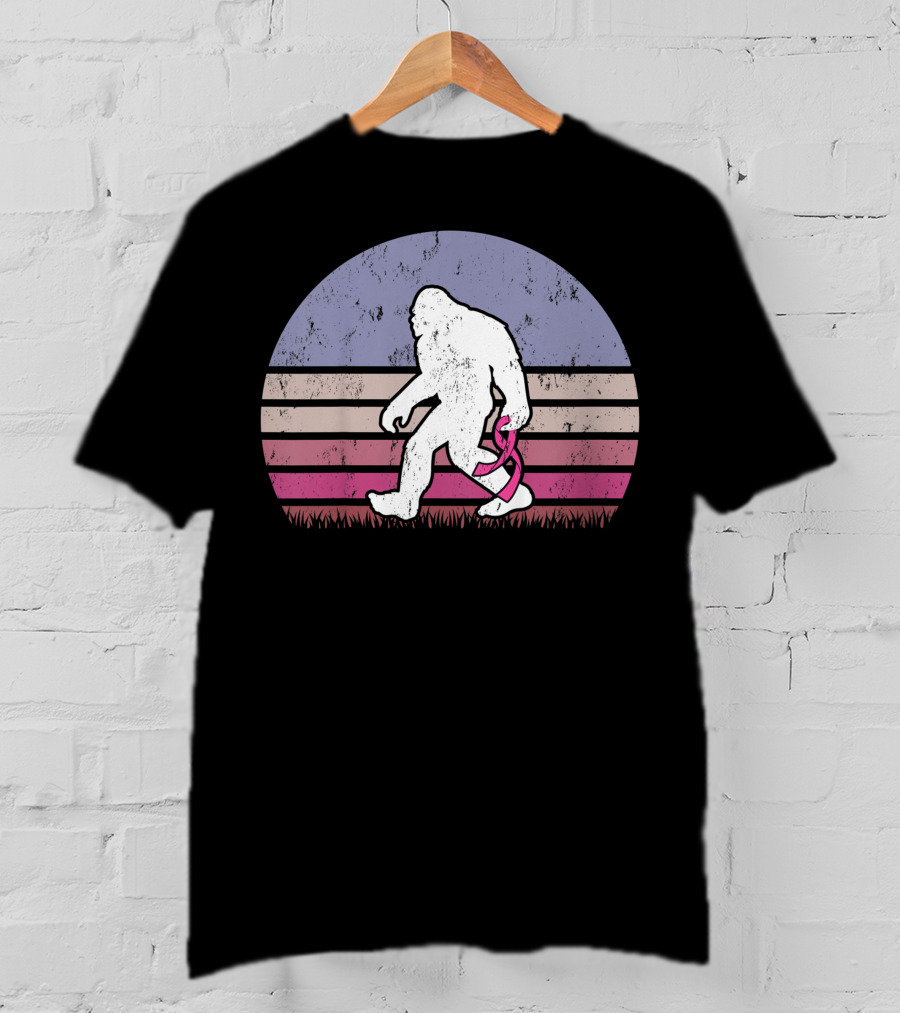 Vintage Bigfoot Breast Cancer Awareness Pink Ribbon Retro Stripes T-Shirt