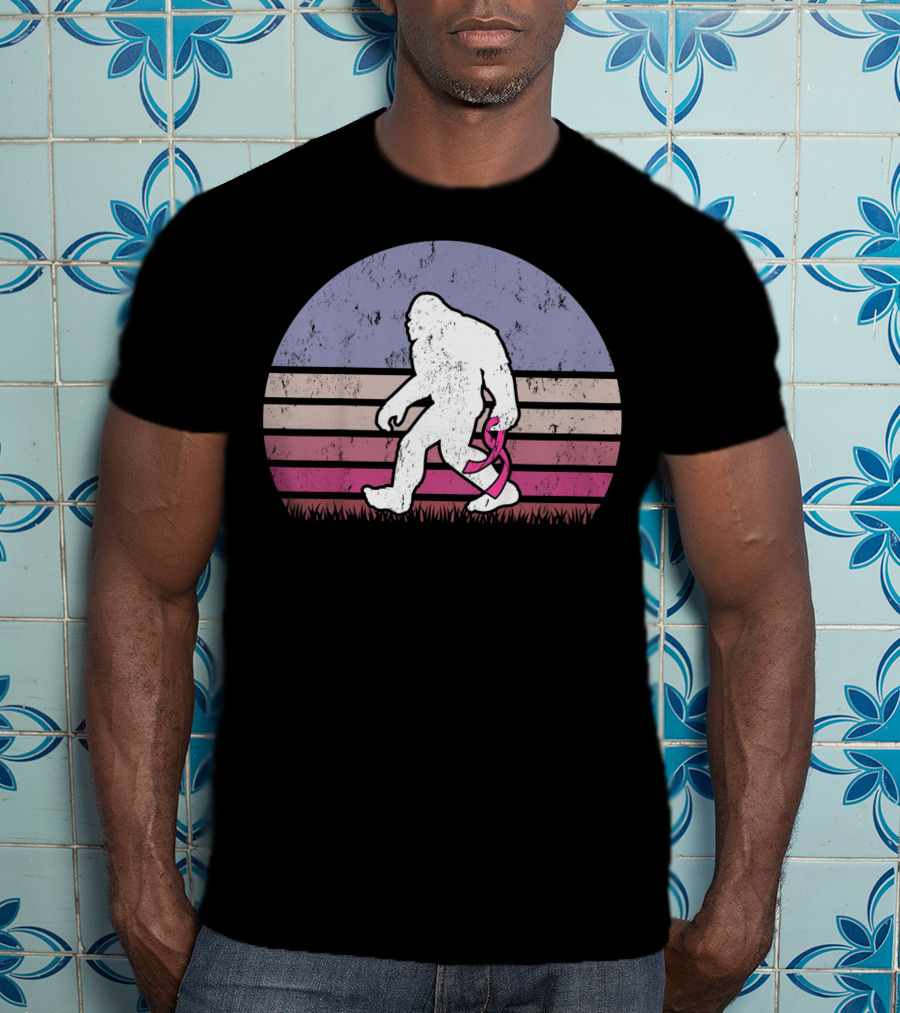 Vintage Bigfoot Breast Cancer Awareness Pink Ribbon Retro Stripes T-Shirt