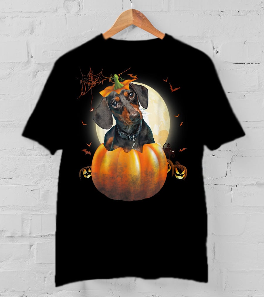 Halloween Funny Dachshund Pumpkin Moon Bats Spiderweb T-Shirt