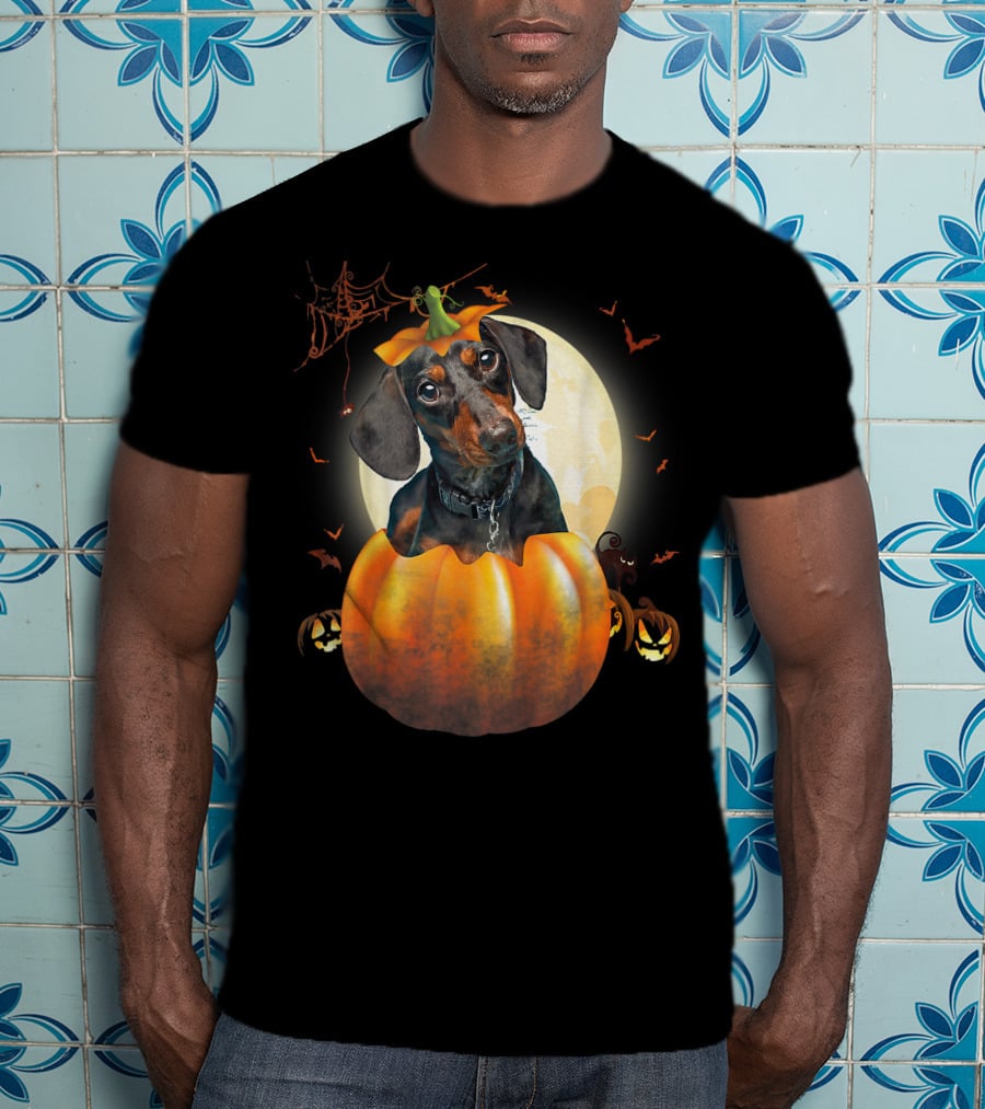 Halloween Funny Dachshund Pumpkin Moon Bats Spiderweb T-Shirt