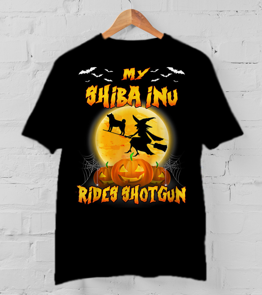 My Shiba Inu Rides Shotgun Halloween Moon Witch Pumpkins T-Shirt
