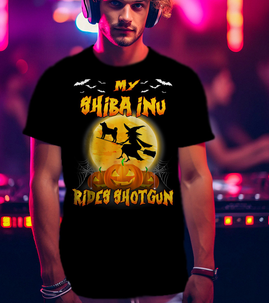 My Shiba Inu Rides Shotgun Halloween Moon Witch Pumpkins T-Shirt