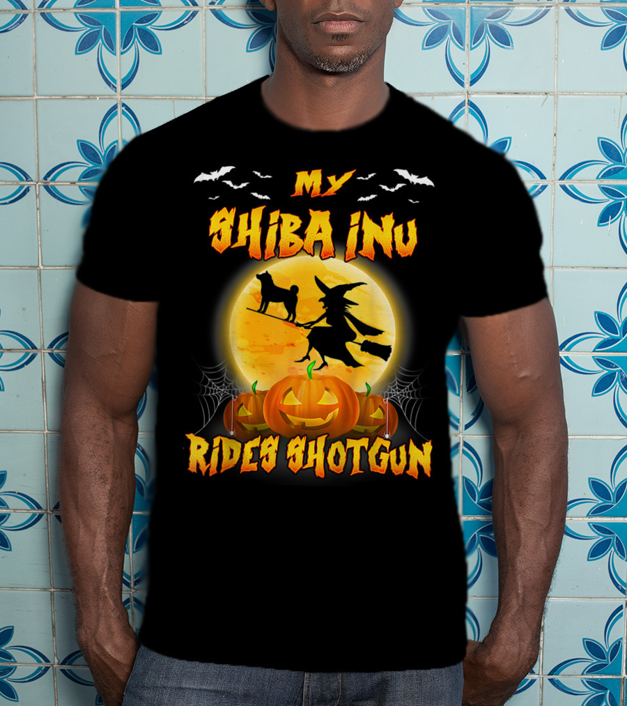 My Shiba Inu Rides Shotgun Halloween Moon Witch Pumpkins T-Shirt