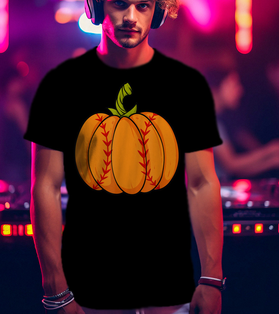 Thanksgiving Baseball Halloween Pumpkin Boys Pitcher Catcher Colorful Stitched T-Shirt