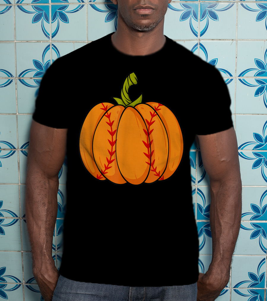 Thanksgiving Baseball Halloween Pumpkin Boys Pitcher Catcher Colorful Stitched T-Shirt