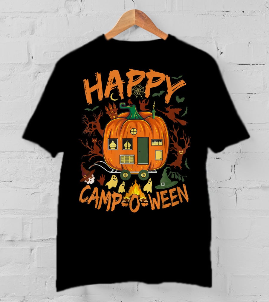 Happy Camp O Ween Halloween Camping Camper With Pumpkin, Ghosts, And Witch Hat T-Shirt