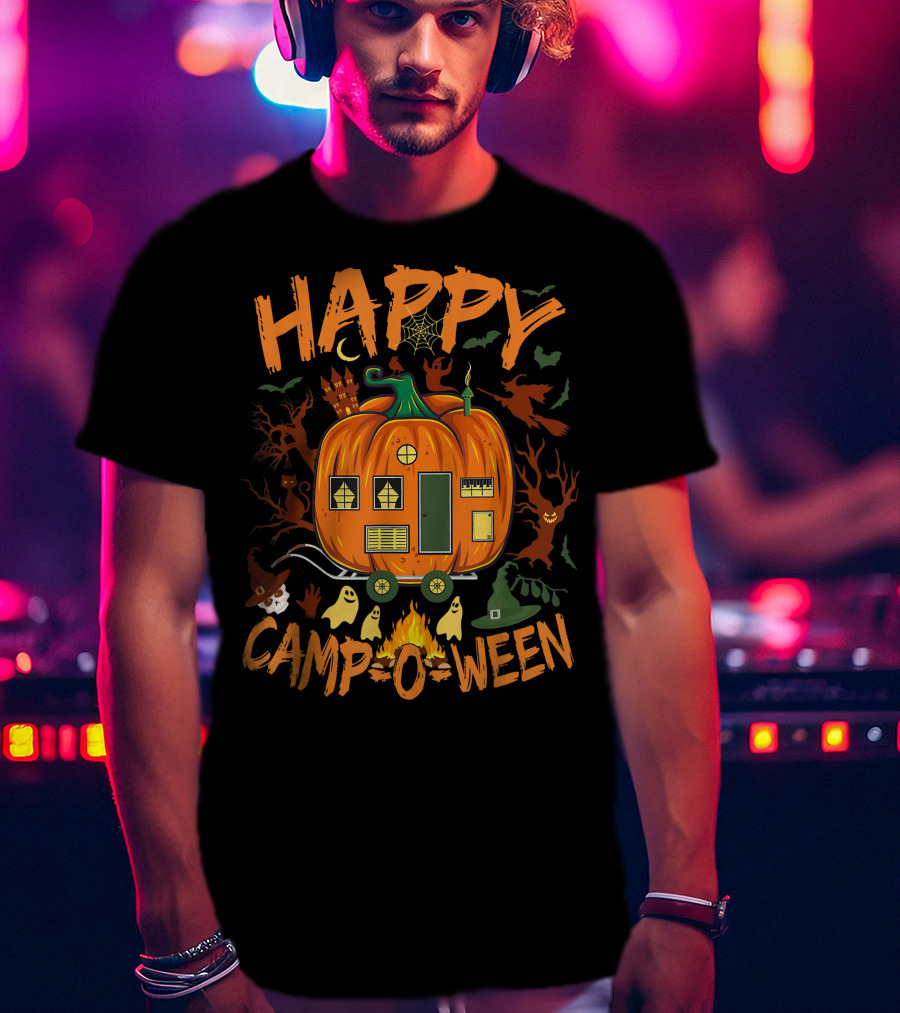 Happy Camp O Ween Halloween Camping Camper With Pumpkin, Ghosts, And Witch Hat T-Shirt