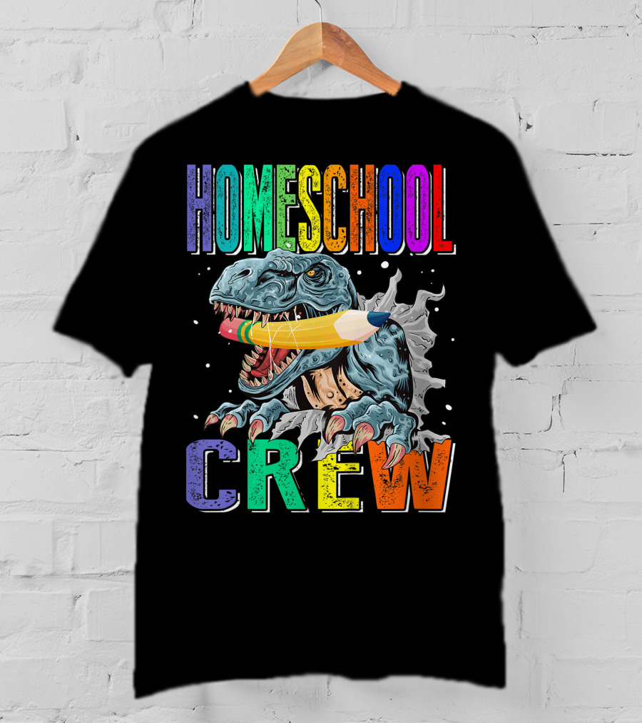 Homeschool Crew Dinosaur Funny Back To School Rainbow Colorful Pencil T-Rex T-Shirt