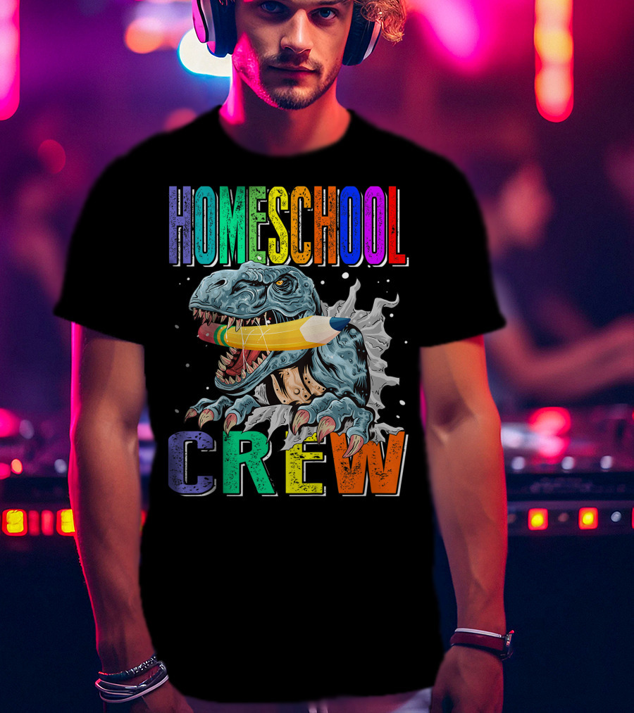 Homeschool Crew Dinosaur Funny Back To School Rainbow Colorful Pencil T-Rex T-Shirt