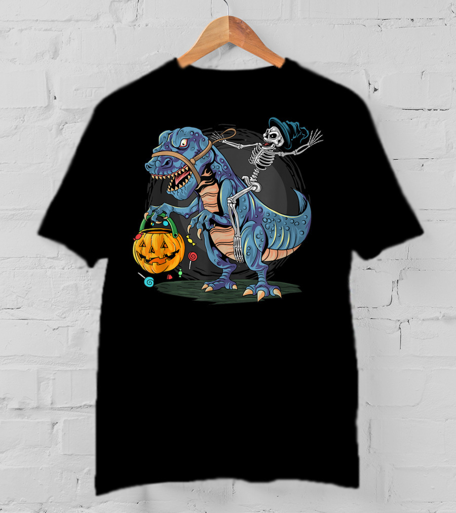 Skeleton With Candy Pumpkin Riding Rex Halloween T-Shirt