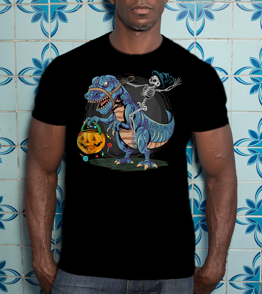Skeleton With Candy Pumpkin Riding Rex Halloween T-Shirt