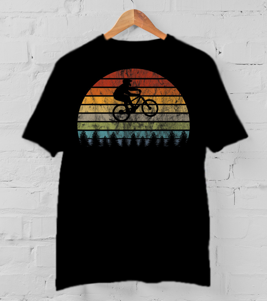 Mountain Bike Bicycle Rider Retro Sunset Cycling Forest T-Shirt