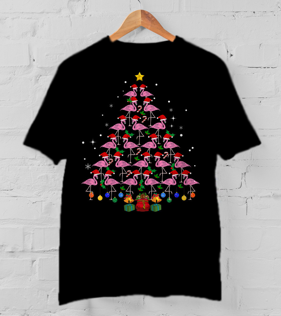 Funny Flamingo Santa Hat Christmas Tree With Presents For Girl T-Shirt