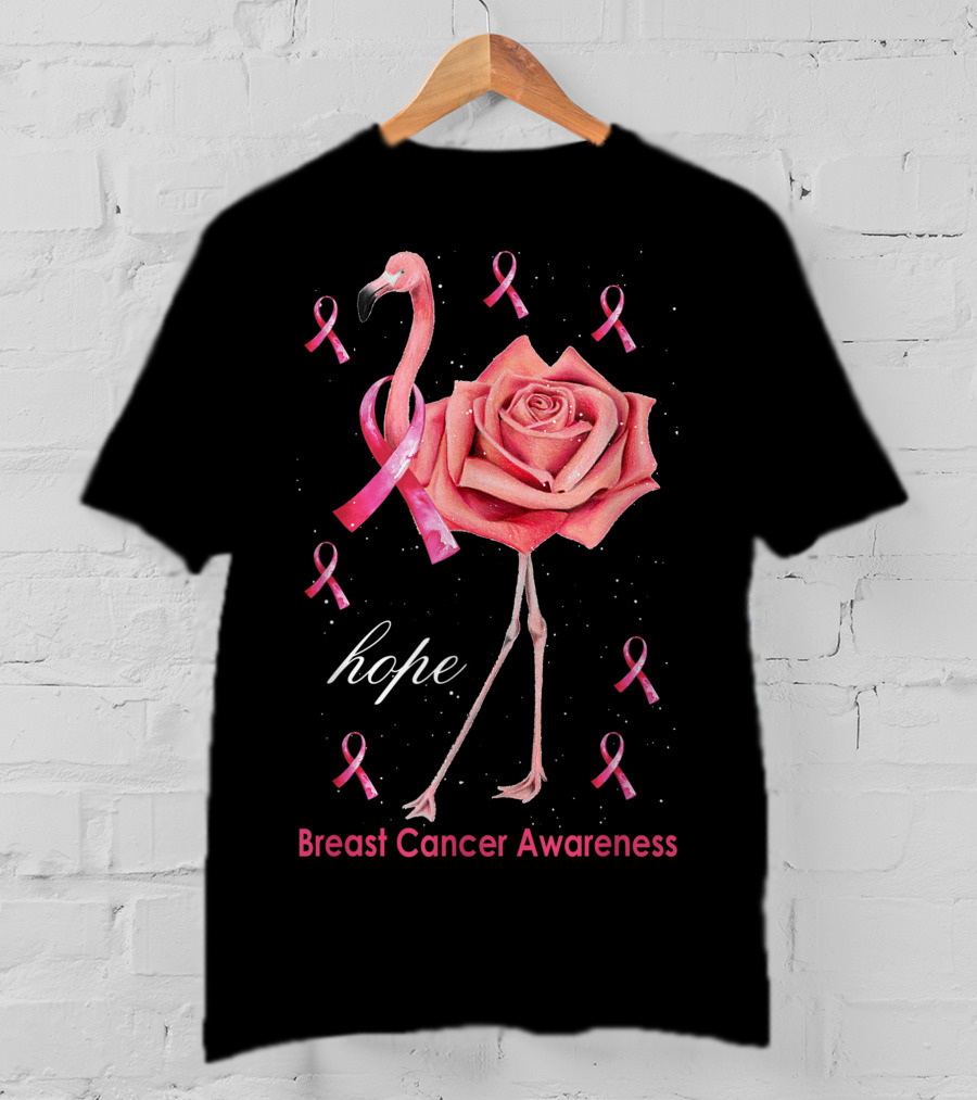 Hope Flamingo Breast Cancer Awareness Pink Ribbon Flower T-Shirt