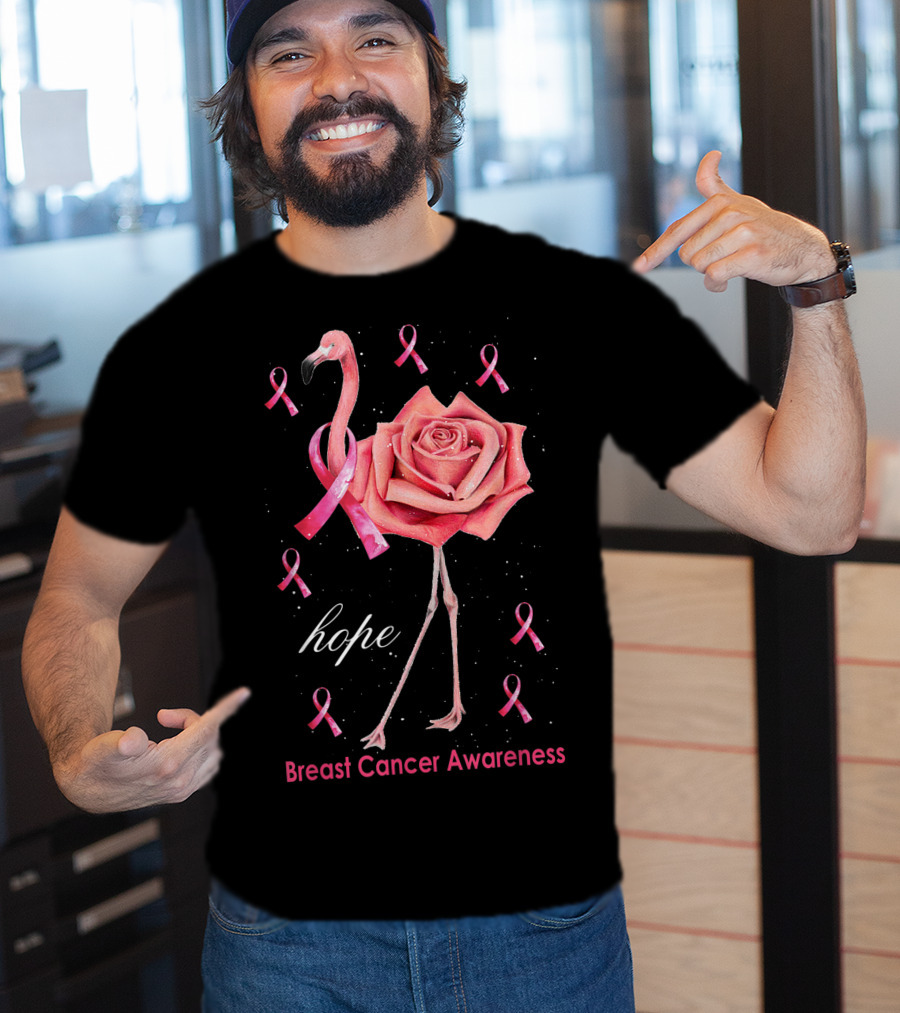 Hope Flamingo Breast Cancer Awareness Pink Ribbon Flower T-Shirt