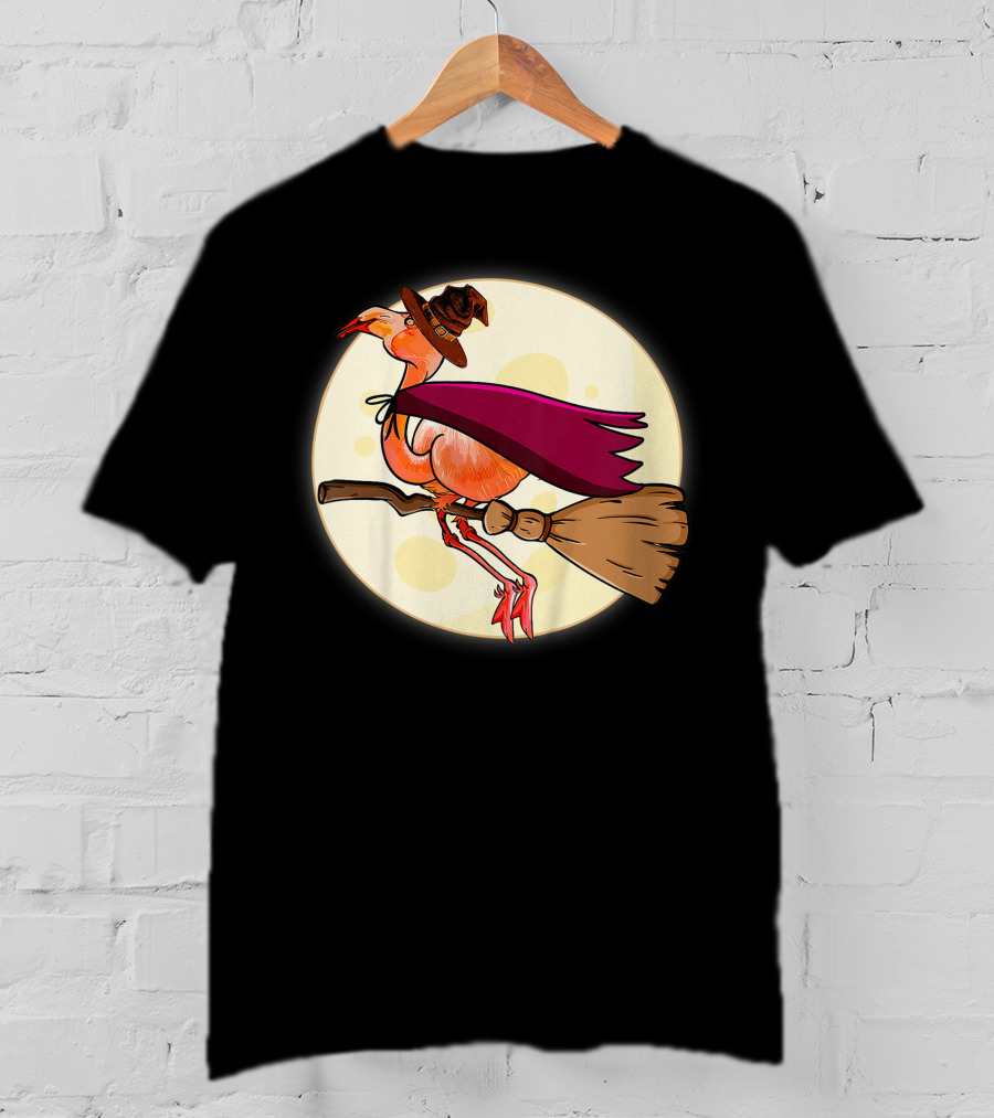 Funny Flamingo Witch Halloween Costume Colorful Lovers Broomstick Moon Hat T-Shirt