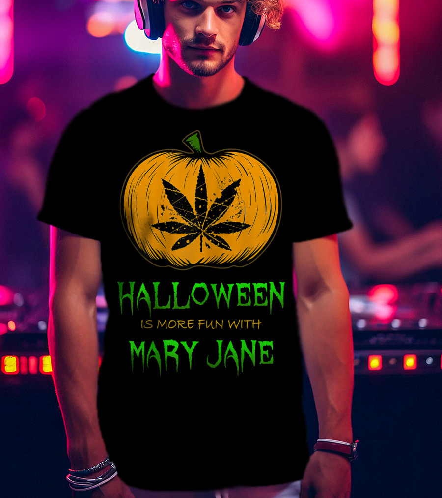 Halloween Is More Fun With Mary Jane Pumpkin Weed Leaf T-Shirt