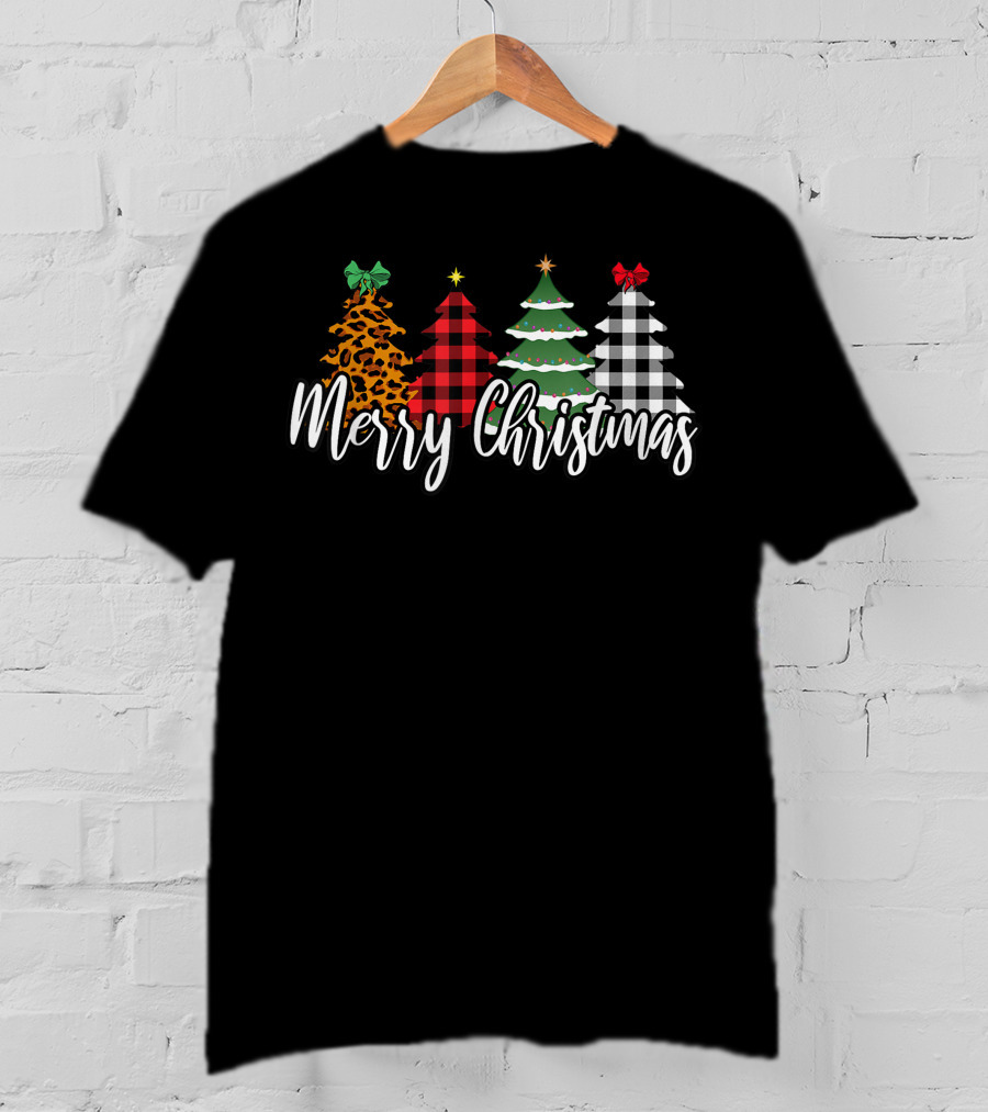 Merry Christmas Leopard Print Buffalo Plaid Holiday Trees T-Shirt