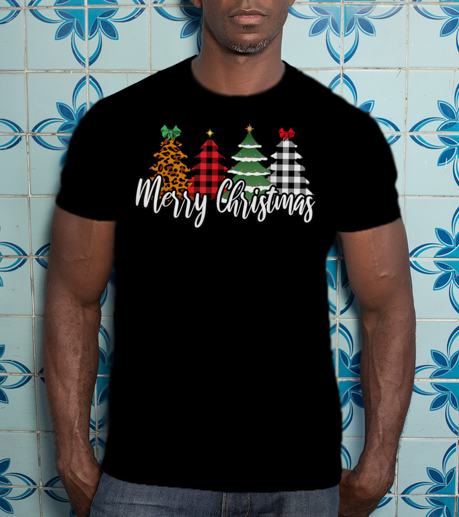 Merry Christmas Leopard Print Buffalo Plaid Holiday Trees T-Shirt